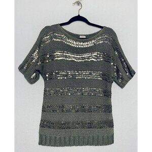Chicos 1 Womens Printed Sequin Striped Kayden Pullover Sweater Army Green Medium